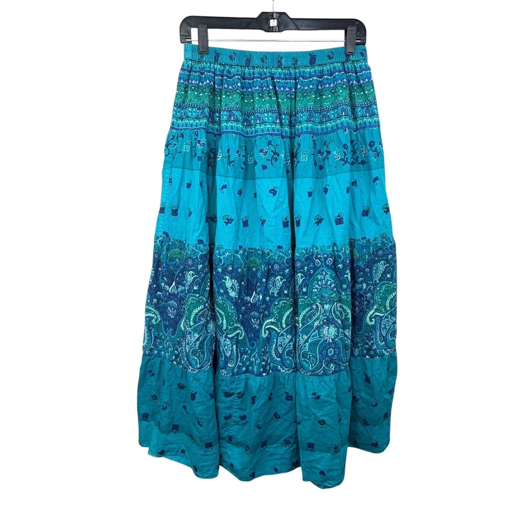 Vintage Phool Womens Maxi Skirt Tiered Boho Indie Festival Paisley Blue Medium